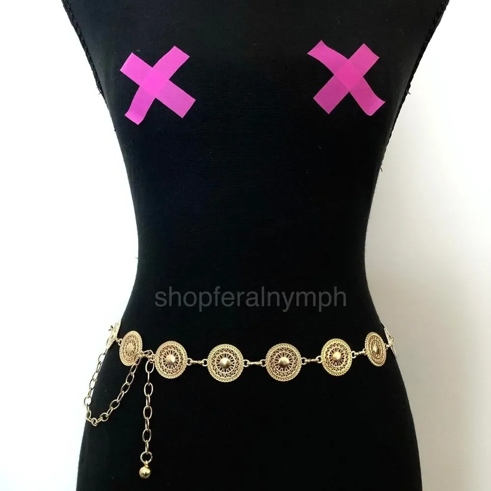 Gold Y2K Round Medallion Indie Body Chain Belt, Fits 24-40 Inches, X7GA1237